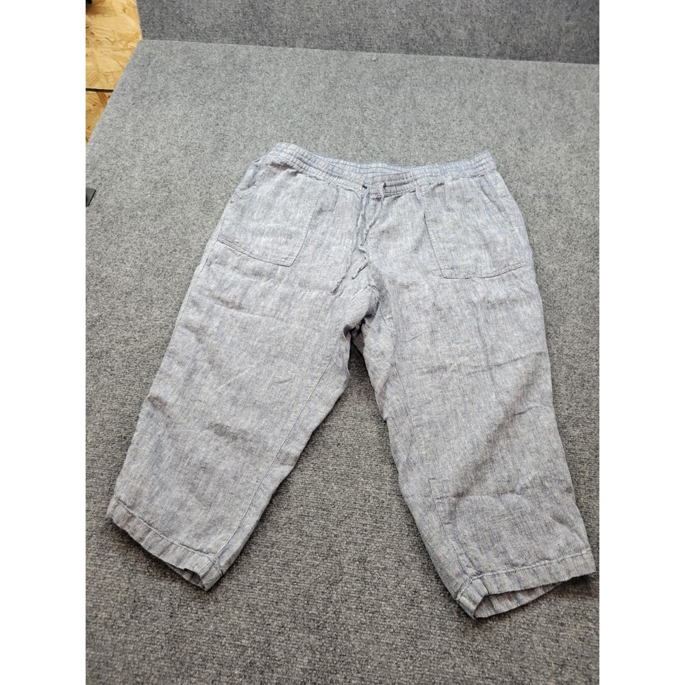 Lands End Womens 20W Blue 100% Linen Cropped Pants Drawstring Elastic Waist